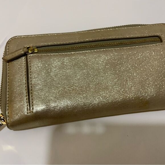 Fossil Gold Metallic Coated Leather Zip Around Wallet Clutch - Picture 8 of 10